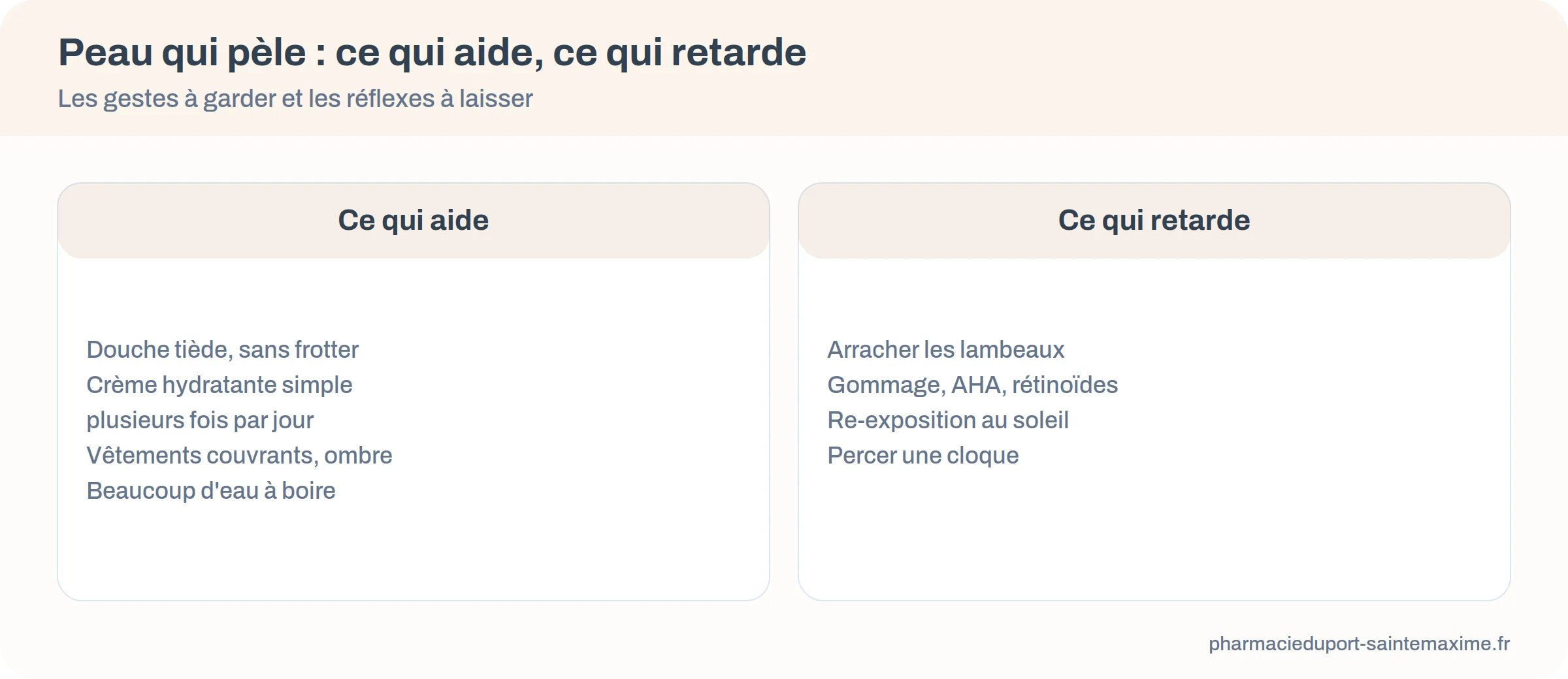 Deux colonnes : ce qui aide une peau qui pèle et ce qui retarde sa guérison