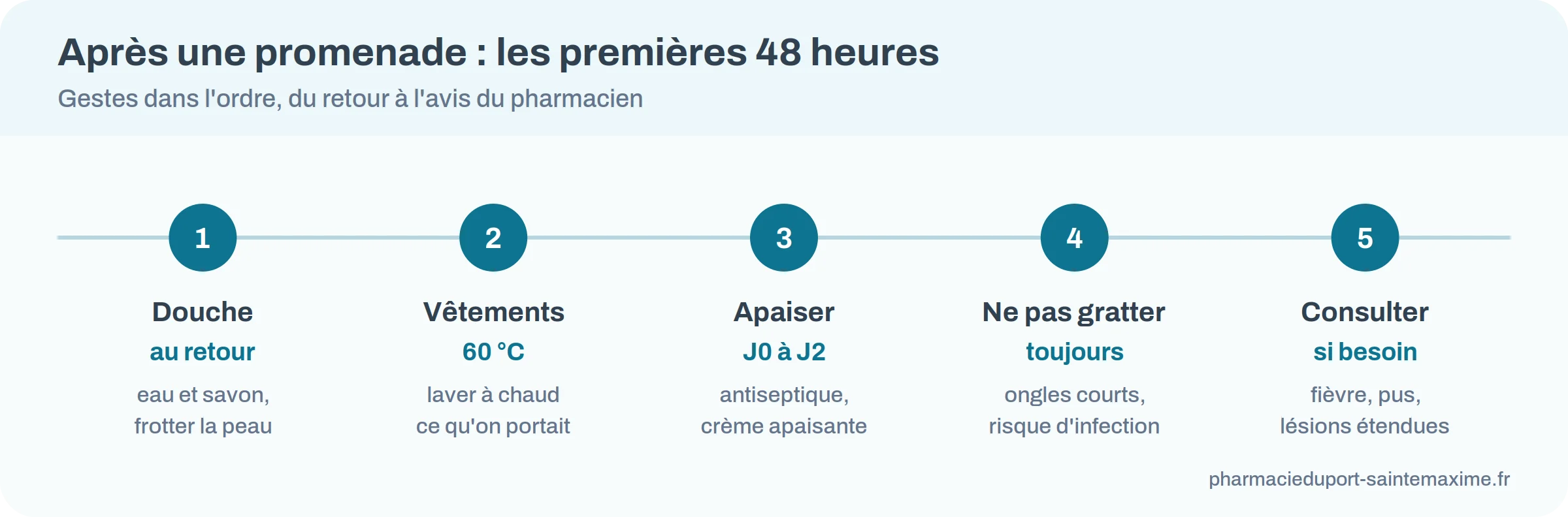 Frise des gestes à faire après une promenade : douche, vêtements, apaiser, ne pas gratter, consulter